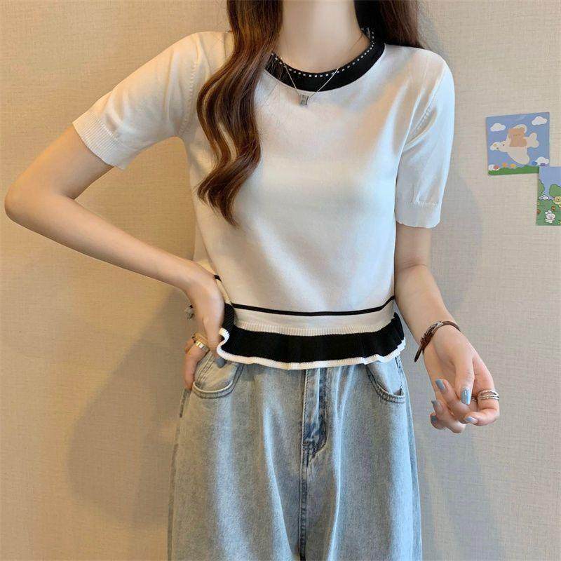 撞色耳边冰丝针织短袖针织衫夏季设计T恤感小众高腰显瘦短款上衣