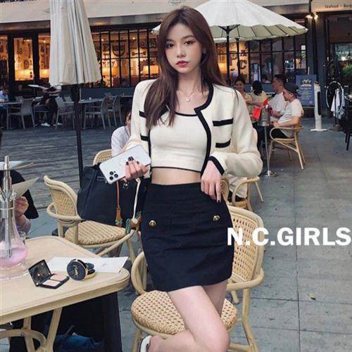 法式撞色短款针织开衫气质外套小香风秋季新款吊带背心上衣两件套