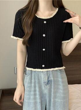 时尚小香风黑色短袖T恤短款针织衫T恤夏季法式上衣2024设计感新款