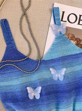 渐变彩虹蓝色条纹蝴蝶针织吊带背心女夏外辣妹短款抹胸上衣多巴胺