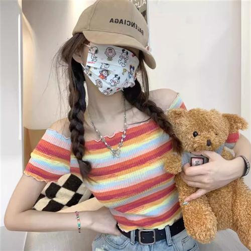 一字肩短袖木耳边针织衫T恤女夏季2024新款设计感打底衫甜美上衣