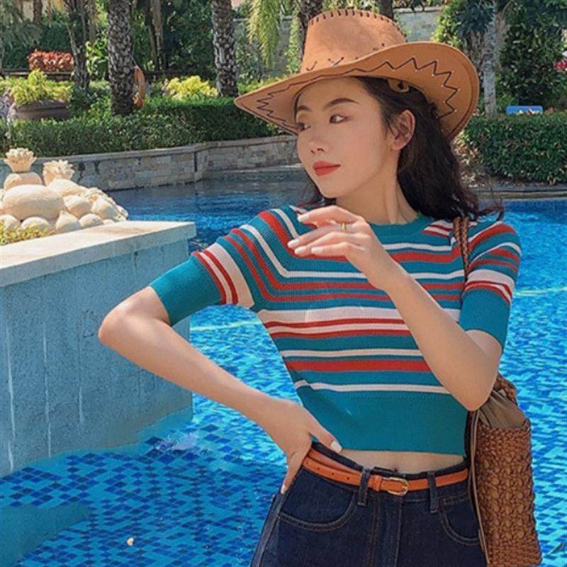夏季民族风新款舒适个性复古条纹针织衫女感撞色气质休闲女短袖