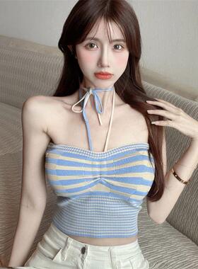 辣妹风内搭甜辣蓝色条纹针织抹胸挂脖背心性感一字领露背针织吊带