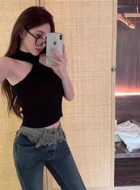 甜辣黑色吊带背心女夏季针织衫内搭外穿美背无袖露肩美式挂脖上衣