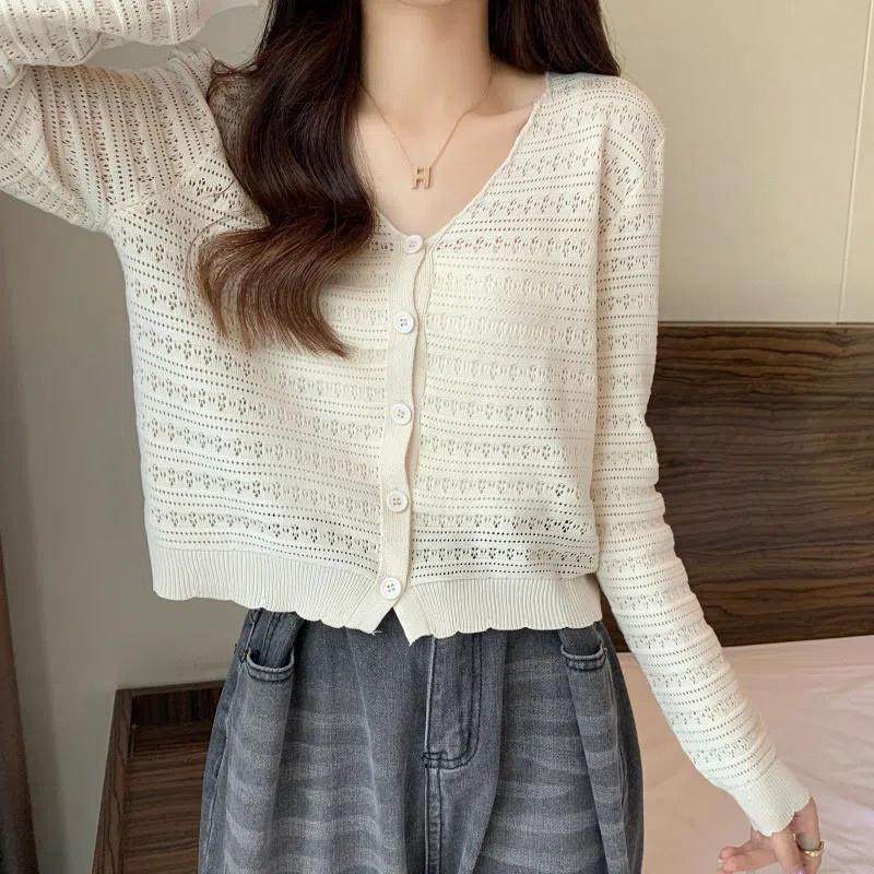 短款防晒冰丝针织开衫外套女薄款秋季外搭网织镂空长袖上衣空调衫