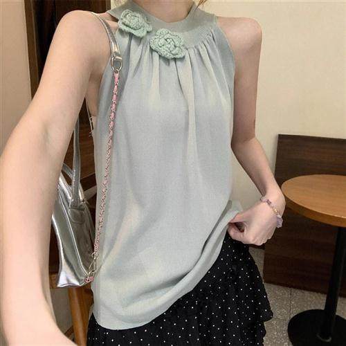 法式甜美气质设计感无袖挂脖吊带背心女小众宽松显瘦外穿上衣百搭