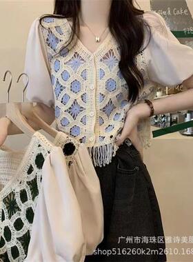 秋季设计感小众镂空外穿短袖雪纺衫女法式勾花领泡泡袖短款上衣