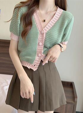2上24夏季新款小香风温色撞柔V领小众短袖针织衫短款0衣女开衫