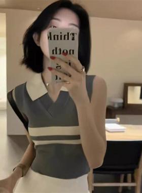 灰色美式学院风背心女通勤夏季新款短款外穿上衣条纹针织衫套头