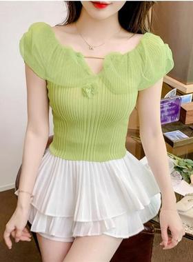 夏季纯欲法式甜辣一字修身短袖设计拼接感小众网纱针织衫短款上衣