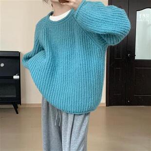 慵懒松弛感上衣卷边粗毛线毛衣女秋冬宽松显瘦韩版圆领纯色针织衫