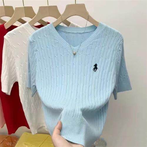 夏季刺绣小马薄款领针织衫麻花短袖恤女洋气显瘦学院风上衣潮