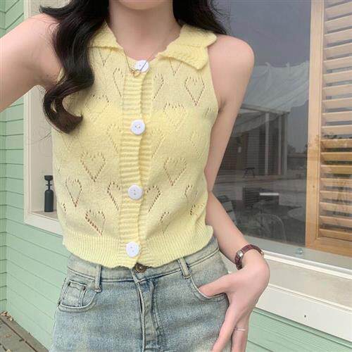 夏季新款甜美花边领爱心针织镂空短款无袖海军领女装个性设计感背