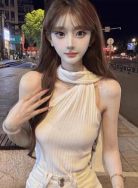 法式挂脖白色背心女夏季高级感纯欲气质修身显瘦绝美外穿无袖上衣