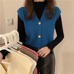 春季针织马甲女韩版宽松领纽扣针织衫外穿毛线开衫背心坎肩外套