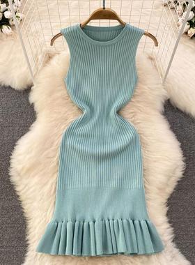 欧美时尚荷叶性感针织夏季显瘦连衣裙新款修身无袖圆领气质背心