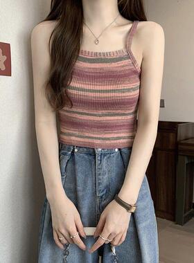 美式紫色背心女夏季新款ins风吊带条纹复古辣妹短款无袖上衣外穿