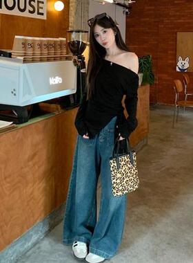 纯欲风黑色一字领针织衫小众别致韩系Chic气质开叉设计感卡腰上衣