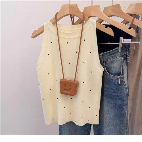 韩系波点吊带背心女夏季2024新款无袖外穿针织衫修身甜辣打底上衣
