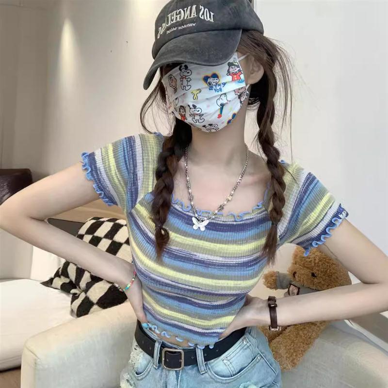 辣妹一字肩短款木耳边夏季chic内搭短袖t恤上衣女打底衫条纹衫