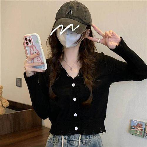 短款针织衫韩系ins风镂空毛衣秋季2024外套开衫新款薄款长袖上衣