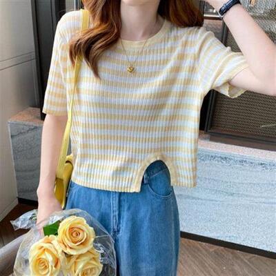 夏恤女针织短袖冰丝设计感小众彩虹宽松打结不规则短款上衣