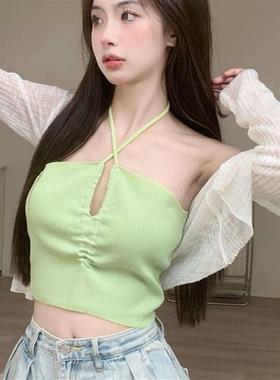 绿色镂空性感挂脖吊带女夏新款辣妹背心抽绳系带外穿短款无袖上衣