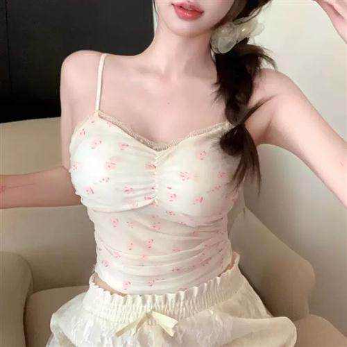 夏季新款纯欲辣妹蕾丝拼接碎花小吊带背心打底上衣碎花性感设计感
