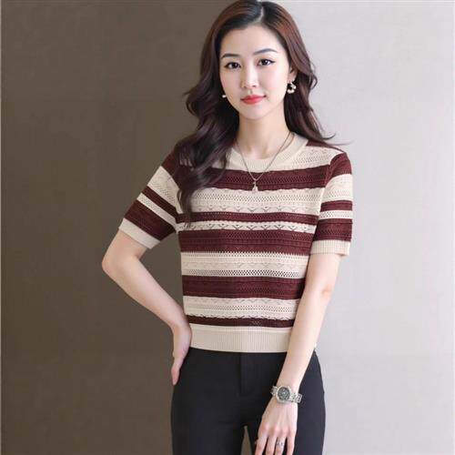 春秋套头飞飞袖小马刺绣针织衫短袖夏季翻领抖音同款冰丝上衣