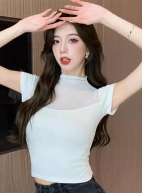 薄款半高领短袖T恤夏季2024新款紧身内搭打底衫白色短款辣妹上衣