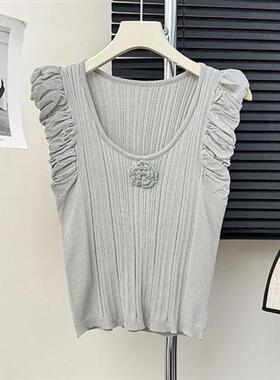 褶皱温柔短款荷叶边无袖针织衫女夏季紧身显瘦灰色内搭甜辣上衣潮