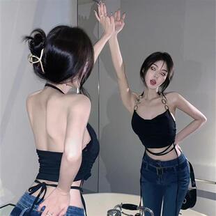 美背黑色短款链条挂脖内搭外穿无袖吊带小背心女夏天露背辣妹上衣