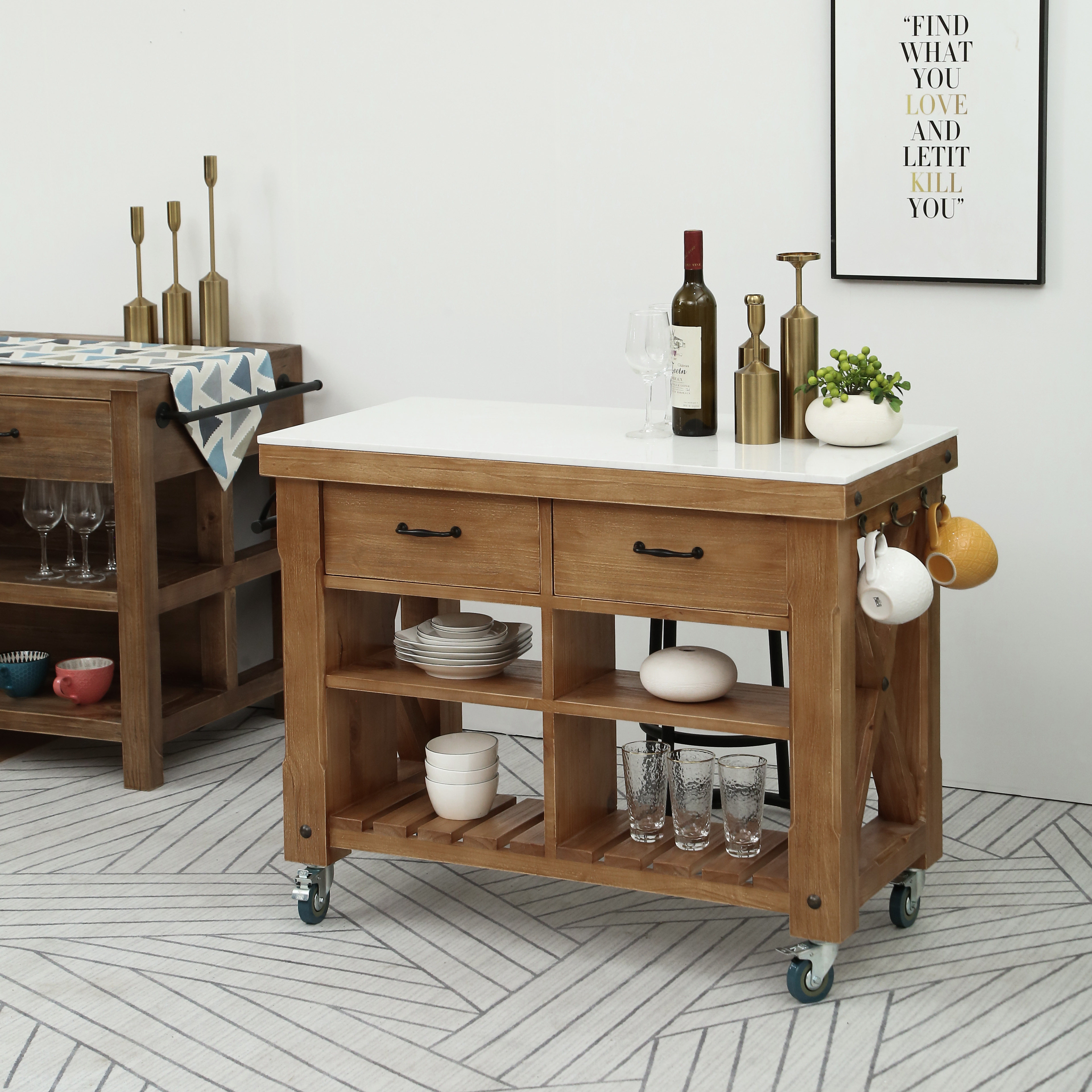 北欧实木厨房中岛料理台可移动餐边柜多功能家用咖啡机吧台备餐台