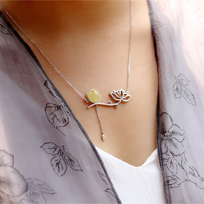 阿仅 荷花月蜜蜡老蜜红宝石吊坠送妈妈项链女款纯银项链高档