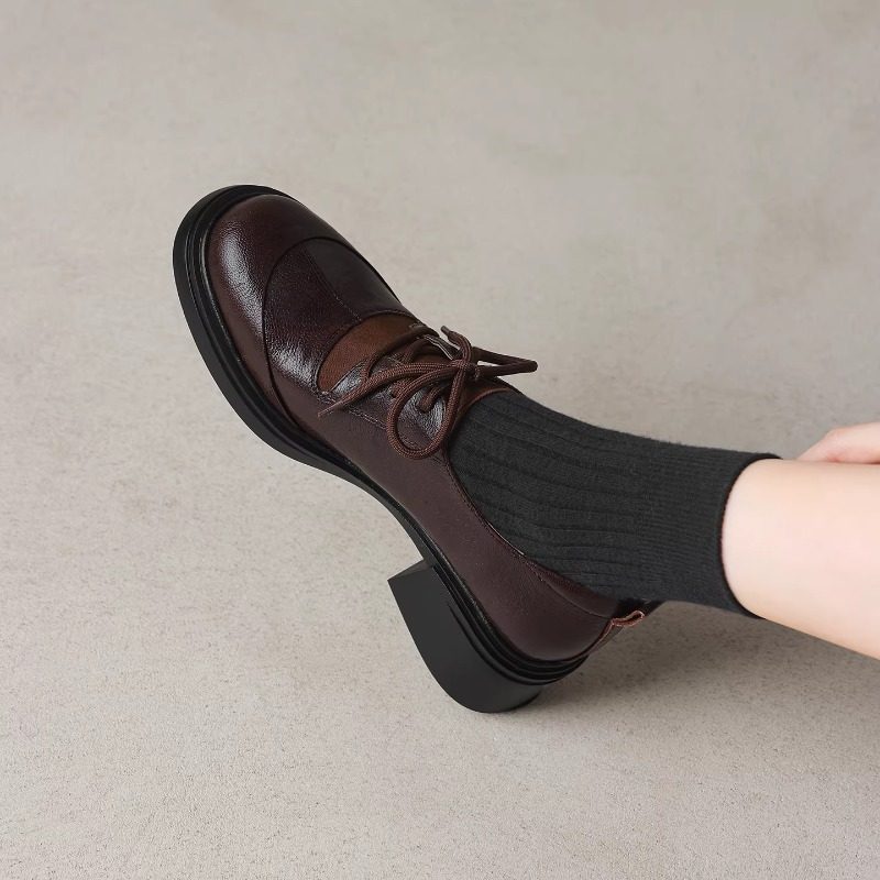 5.5cm静音~英伦复古新款真皮单鞋女粗跟小皮鞋复古系带乐福鞋子女,女鞋,乐福鞋（豆豆鞋）,淘宝优惠券,粉丝福利购,淘宝优惠卷