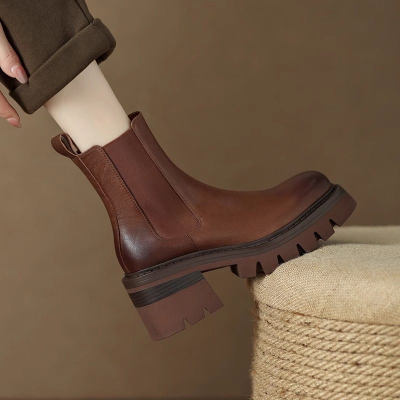 擦色皮厚底烟筒马丁靴女2024新款复古圆头切尔西真皮粗跟高跟短靴,女鞋,切尔西靴,淘宝优惠券,粉丝福利购,淘宝优惠卷