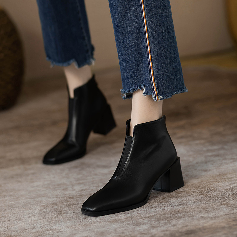 FRENCH SMALL SQUARE TOE CHELSEA BOOTS WOMENS AUTUMN WINTER 2024 NEW BLOCK HEEL POINTED TOE LEATHER TEMPERAMENT VERSATILE REAR ZIPPER