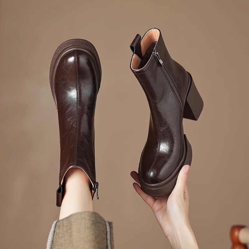短靴棕色英伦复古真皮厚底防水台
