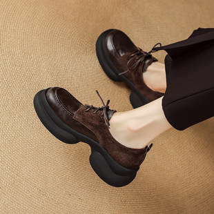 6cm轻软新款真皮单鞋女厚底小皮鞋复古英伦风系带圆头通勤乐福鞋