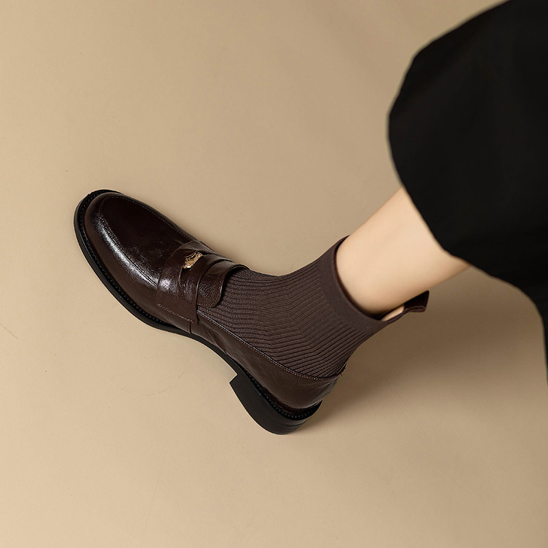 真皮法式复古弹力针织连袜靴低跟金币乐福鞋短靴女软皮粗跟瘦瘦靴,女鞋,弹力靴/袜靴,淘宝优惠券,粉丝福利购,淘宝优惠卷