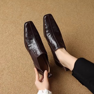 法式英伦风方头小皮鞋女真皮中跟复古深口单鞋气质羊皮软皮乐福鞋