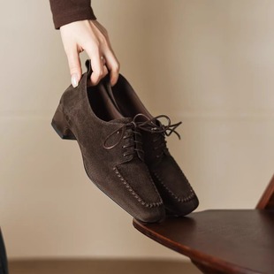 优雅真皮复古绒面乐福鞋方头系带深口粗跟单鞋女英伦风通勤小皮鞋