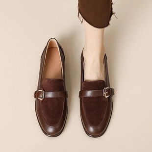 百搭平底单鞋 女英伦复古风小皮鞋 棕色皮带扣一脚蹬乐福鞋 2cm～