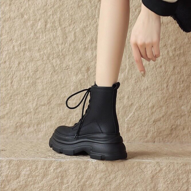 小个子增高~真皮圆头英伦风复古瘦瘦靴厚底系带马丁靴女百搭短靴,女鞋,马丁靴,淘宝优惠券,粉丝福利购,淘宝优惠卷