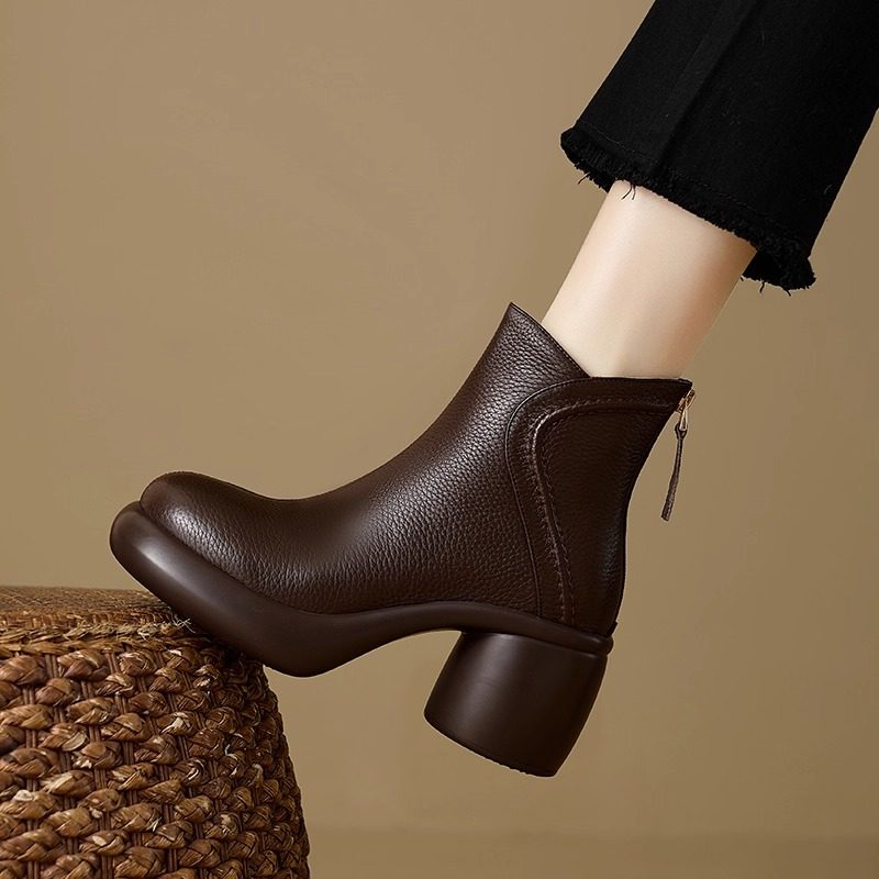 法式复古小踝靴秋冬加绒真皮防水台粗跟高跟短靴女厚底软底裸靴,女鞋,马丁靴,淘宝优惠券,粉丝福利购,淘宝优惠卷