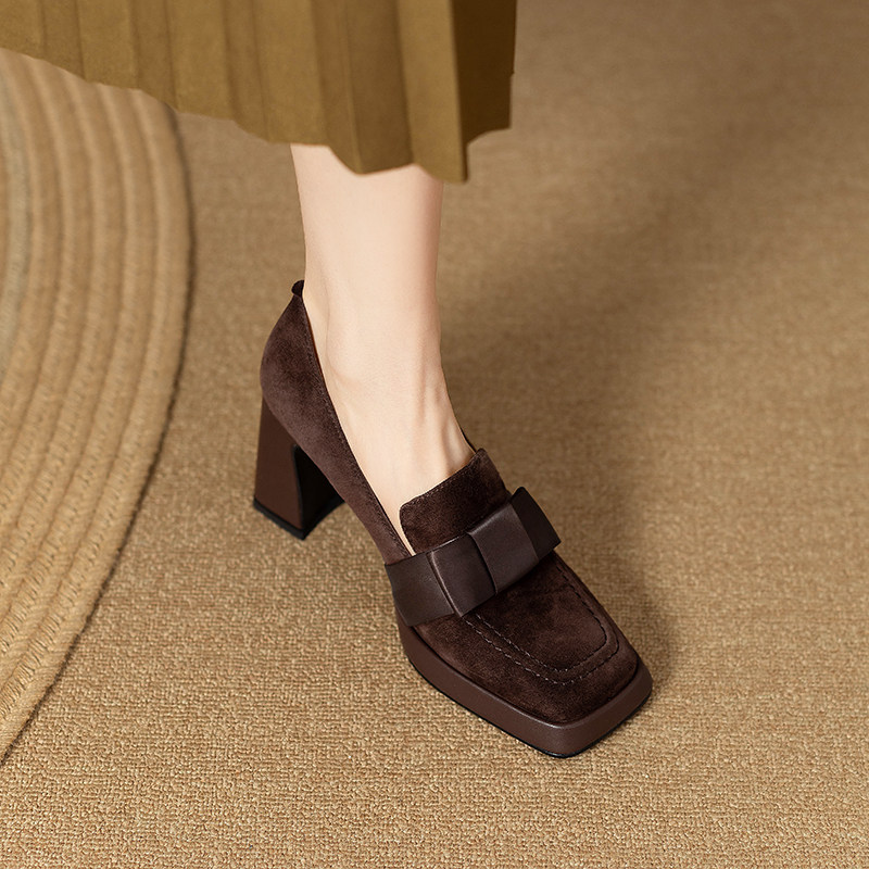 复古羊皮蝴蝶结高跟鞋女春秋新款巨软防水台中口单鞋方头粗跟女鞋,女鞋,浅口单鞋,淘宝优惠券,粉丝福利购,淘宝优惠卷