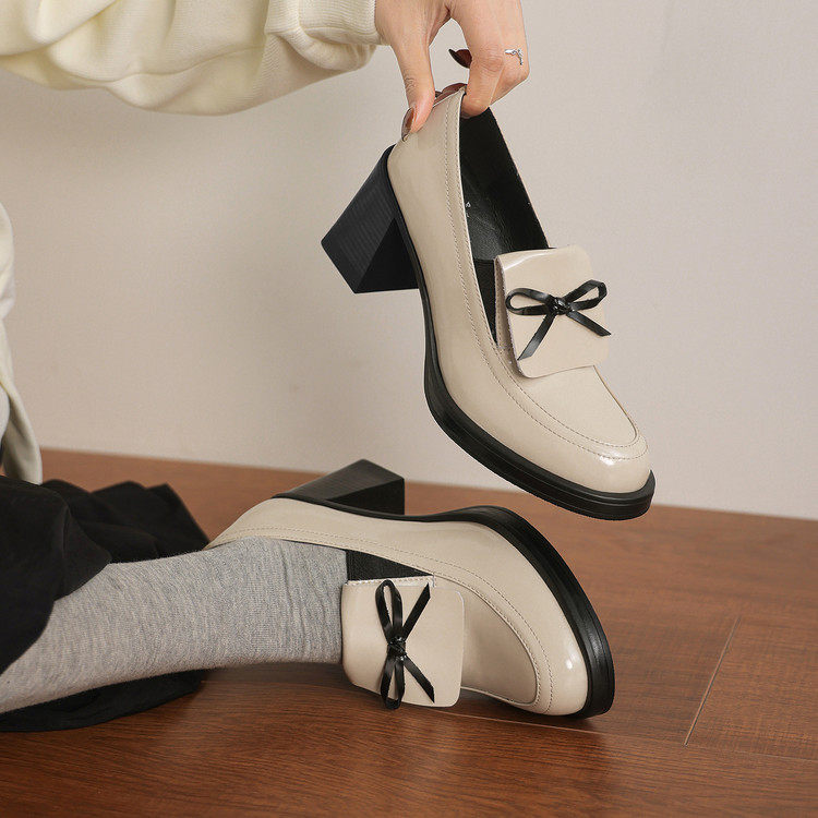 蝴蝶结一脚蹬拼色小个子乐福鞋女粗跟英伦风百搭小皮鞋厚底单鞋女,女鞋,乐福鞋（豆豆鞋）,淘宝优惠券,粉丝福利购,淘宝优惠卷