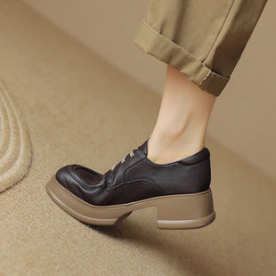 英伦风软羊皮乐福鞋软底系带小皮鞋女厚底2026春高跟黑色简约单鞋