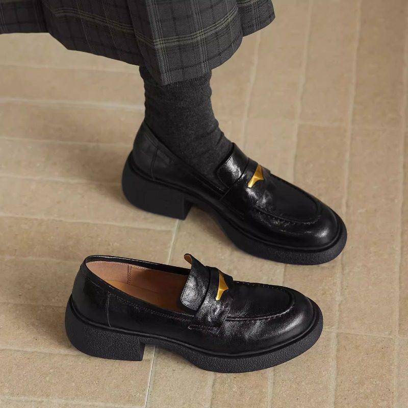 春新款复古英伦风厚底乐福鞋女真皮金属扣圆头粗跟通勤一脚蹬单鞋,女鞋,乐福鞋（豆豆鞋）,淘宝优惠券,粉丝福利购,淘宝优惠卷