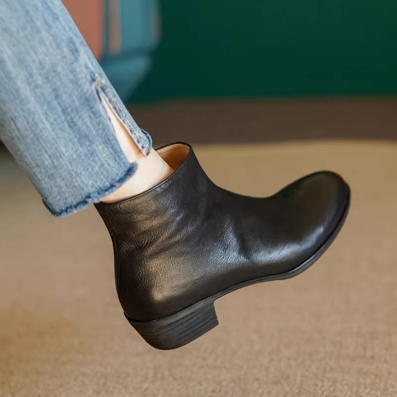 靴子女2026新款真皮中跟圆头粗跟秋冬加绒裸靴气质法式小踝靴短靴,女鞋,马丁靴,淘宝优惠券,粉丝福利购,淘宝优惠卷